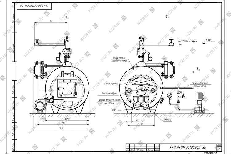Чертеж твердотопливного парового котла КП 300 температура 130 °С